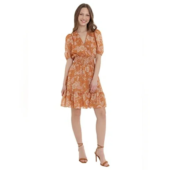 Donna Morgan | Dresses | Donna Morgan Bronze Gold Pink Puff Sleeve Cinch  Waist Ruffled Dress Size 2 | Poshmark